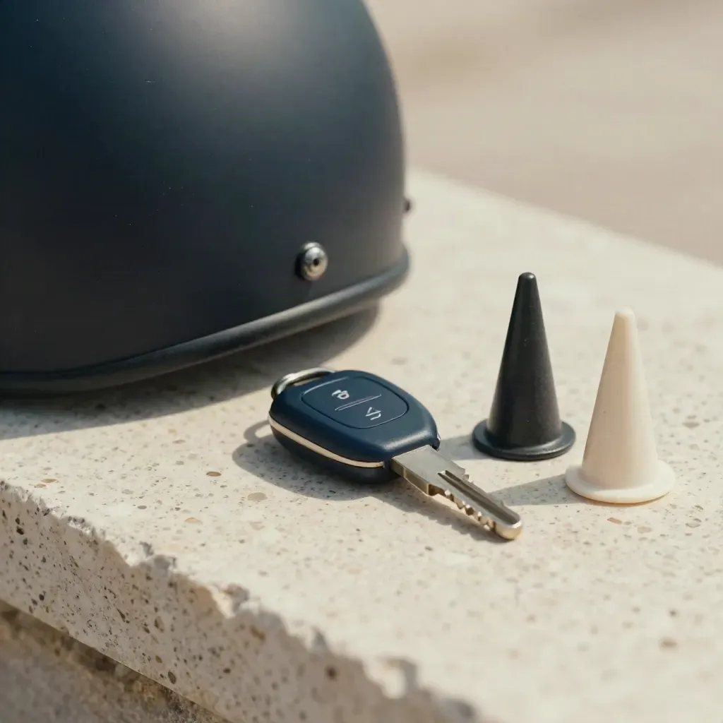 Traverten üzerinde motosiklet anahtarı, kompakt kask ve sınav konileri.