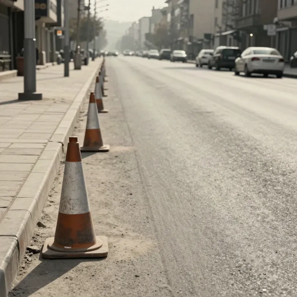 Ankara bulvarında taş kenarlı, konilerle açılmış erişim koridoru