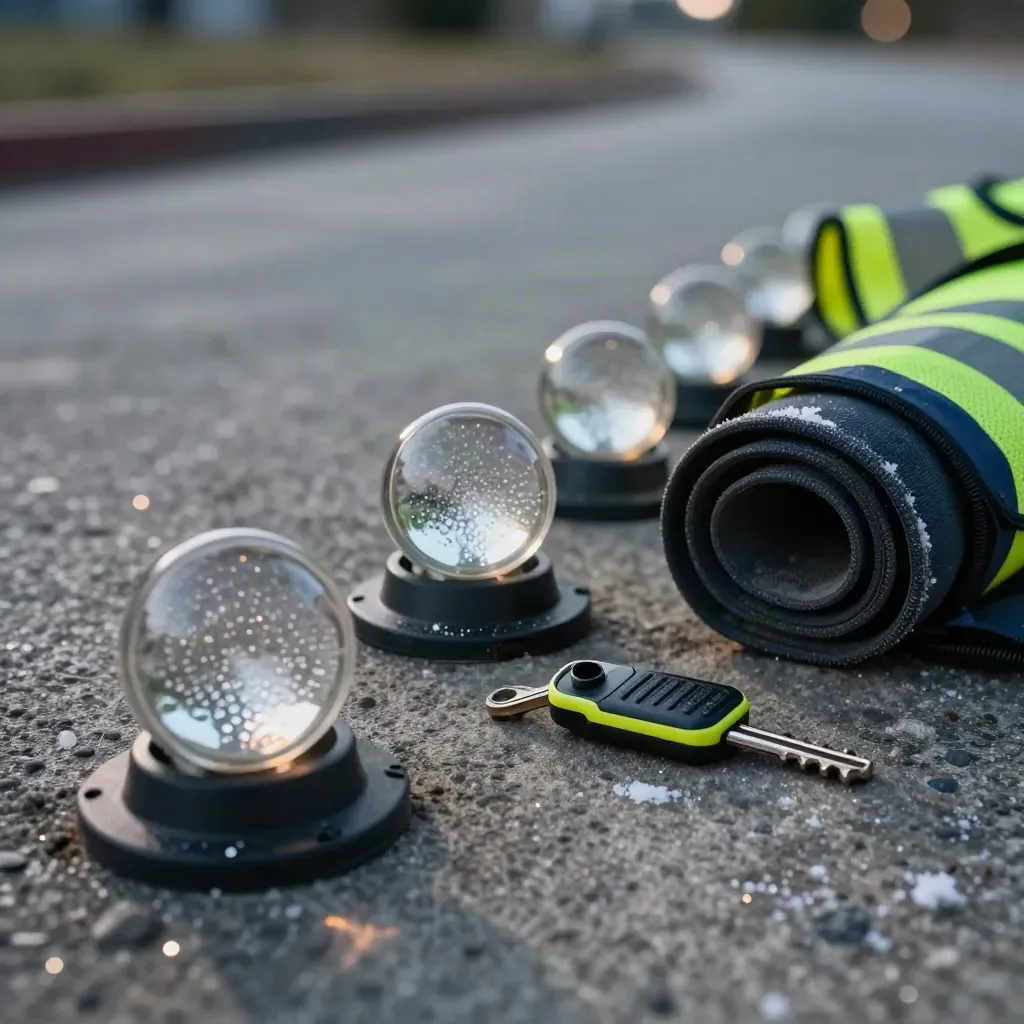 Beton üzerinde yola hazır reflektif işaretler, telsiz klipsi ve sarılı güvenlik yeleği.
