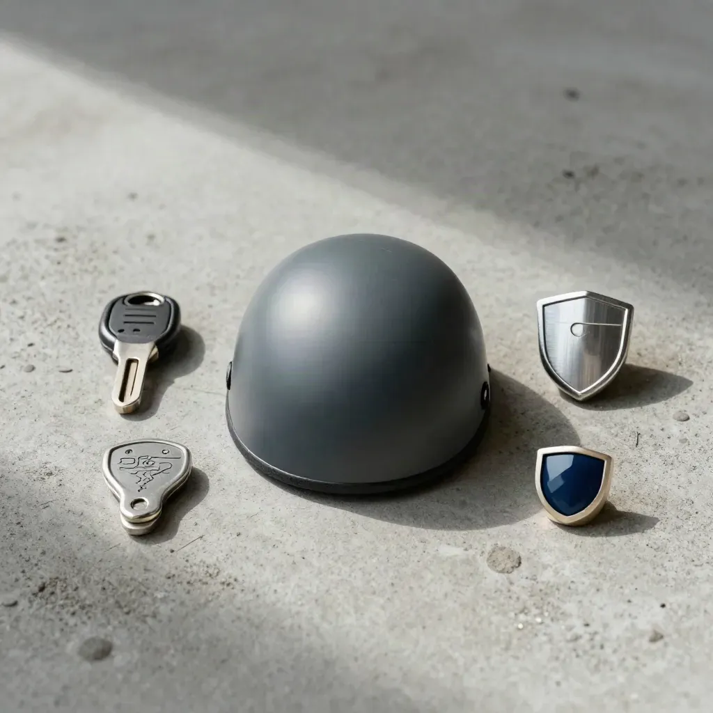 Kask, anahtar, kalkan ve rota işaretinden oluşan karar seti, üstten düzenli flatlay.