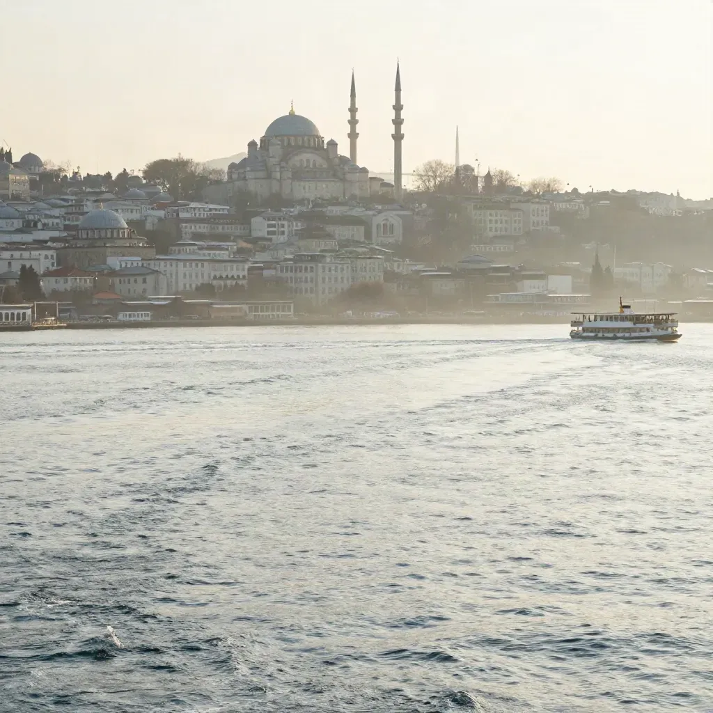 Şafakta Boğaz, sisli İstanbul silueti ve beyaz feribot izleriyle geniş manzara.